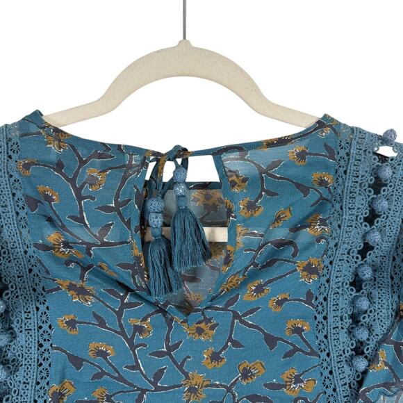 Sea New York Khloe Blue Floral Pom Pom Ruffled Flutter Sleeve Blouse Womens 2 - Picture 7 of 7